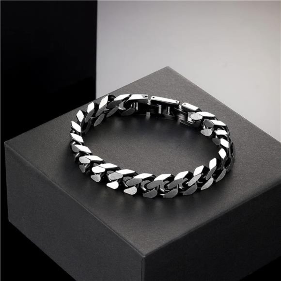 Bracelets for Men-Stainless Steel Fold Over Clasp Cuban Chain Mens Bracelet - Picture 5 of 6